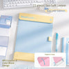 A light blue A4 leather clipboard with a yellow magnetic closure and contrast stitching is shown on a white surface.