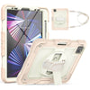 A beige rugged iPad case with a pink frame and rotating kickstand is shown alongside an accessory strap.