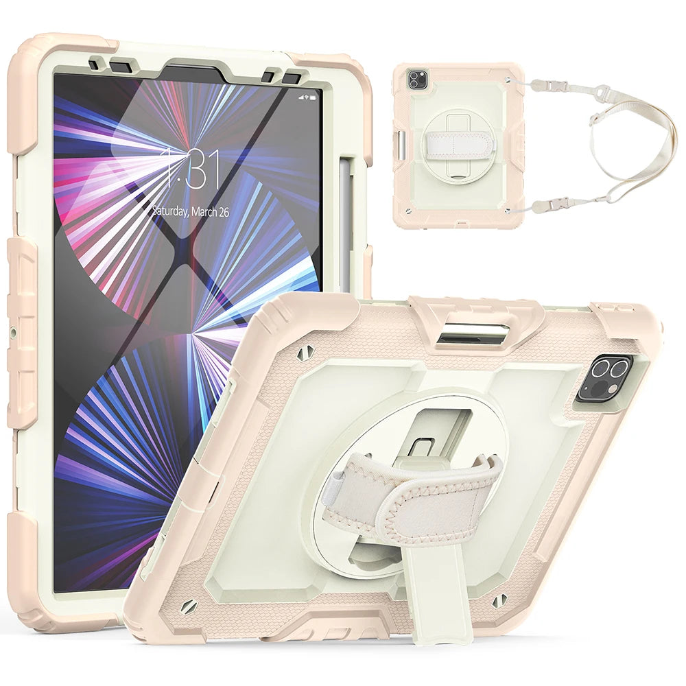 A beige rugged iPad case with a pink frame and rotating kickstand is shown alongside an accessory strap.