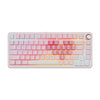 A light pink mechanical gaming keyboard featuring colorful keycaps and a backlit layout.