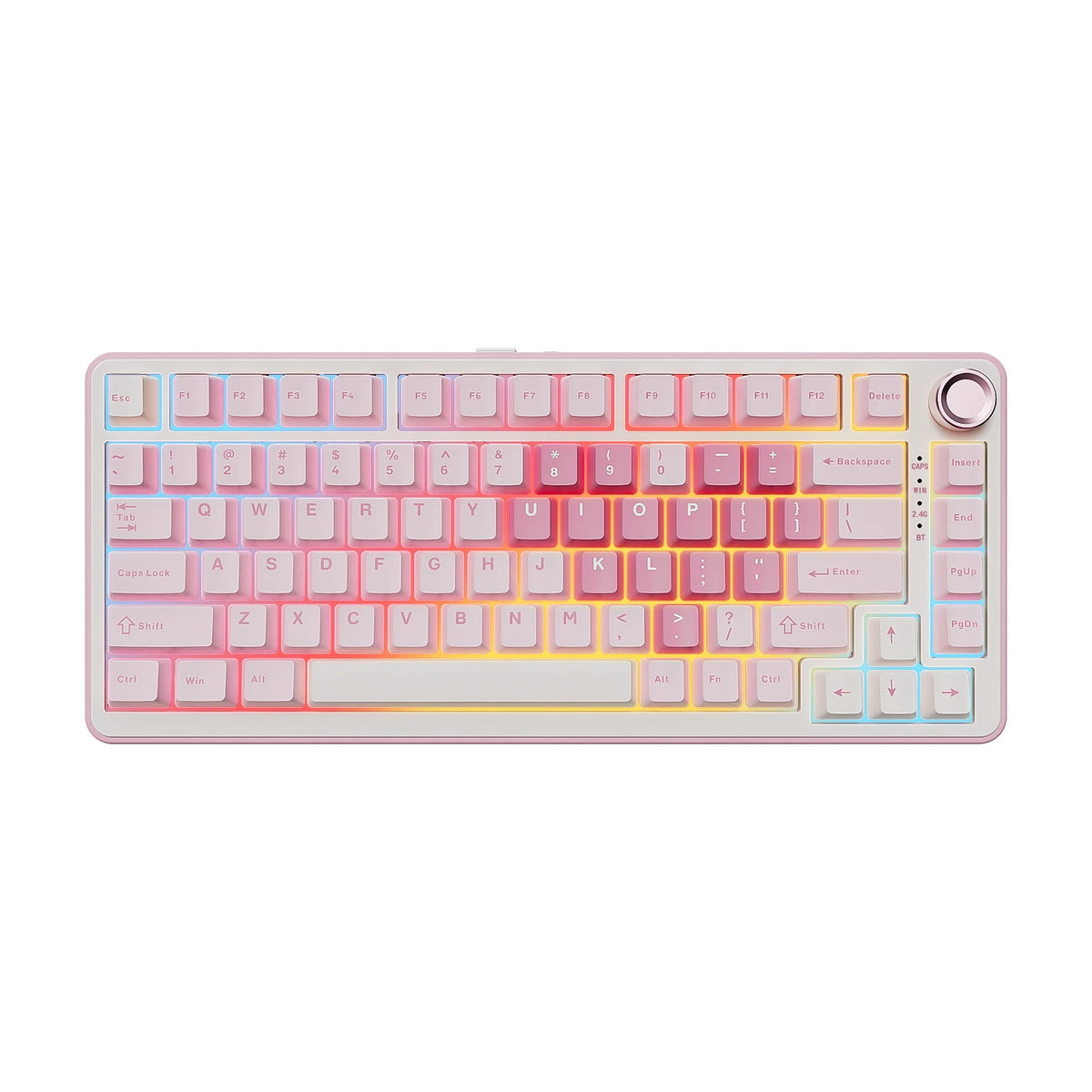 A light pink mechanical gaming keyboard featuring colorful keycaps and a backlit layout.
