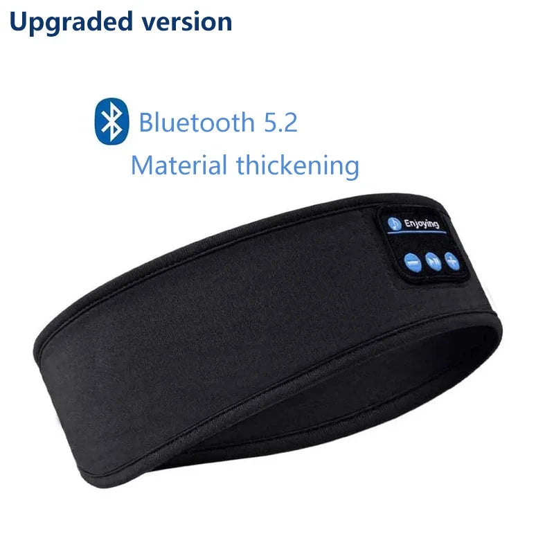 Black upgraded version of a wireless sports and sleep headband with blue accents.