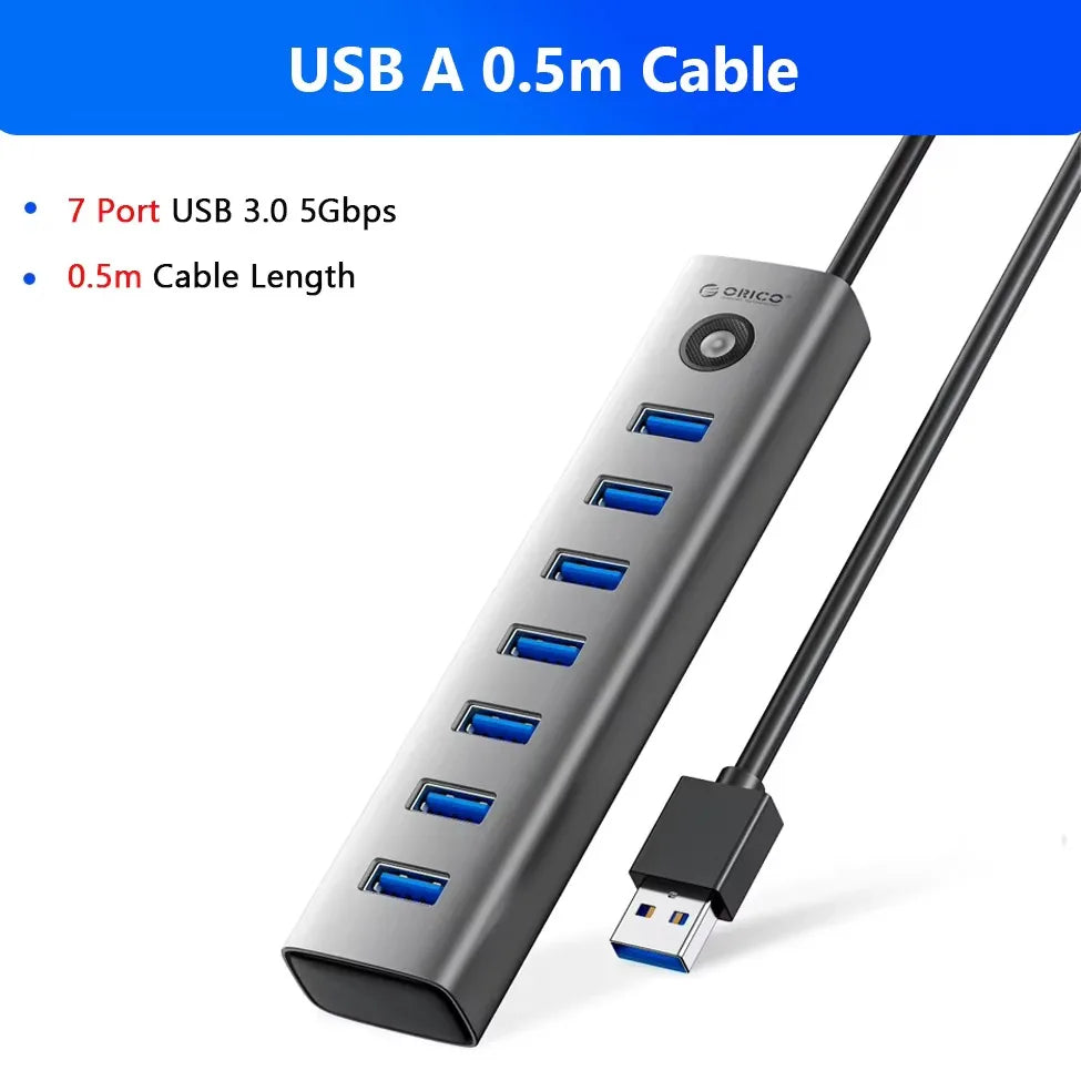 A black USB A 0.5m cable with seven ports shown connected to a device.