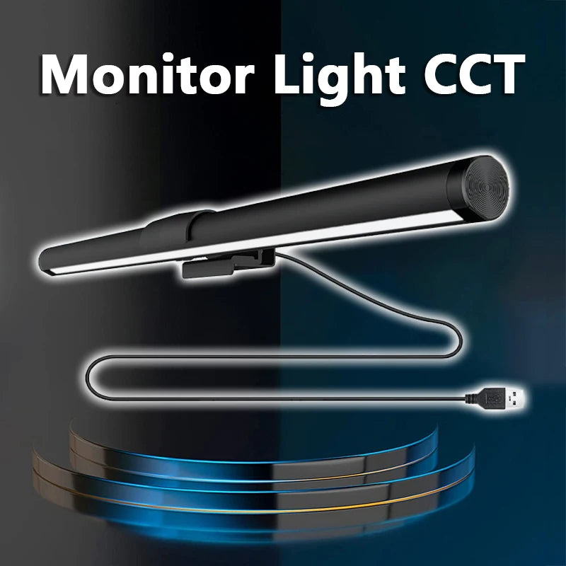 A monitor light cct fixture with a flexible cord and blue light beam illuminating a surface.
