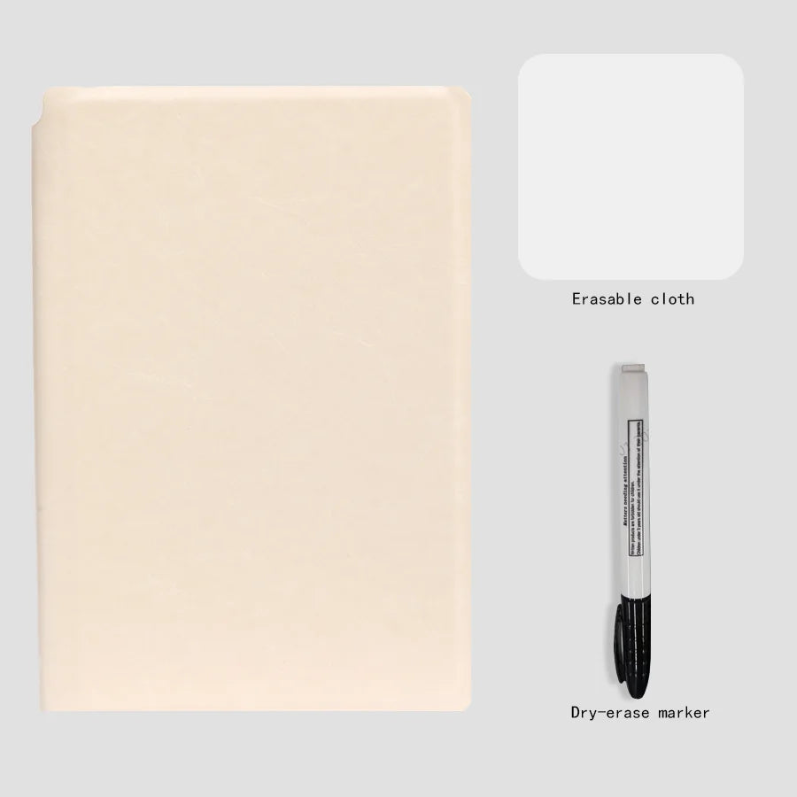 A set of an A5 reusable whiteboard notebook with an erasable cloth and a dry-erase marker.