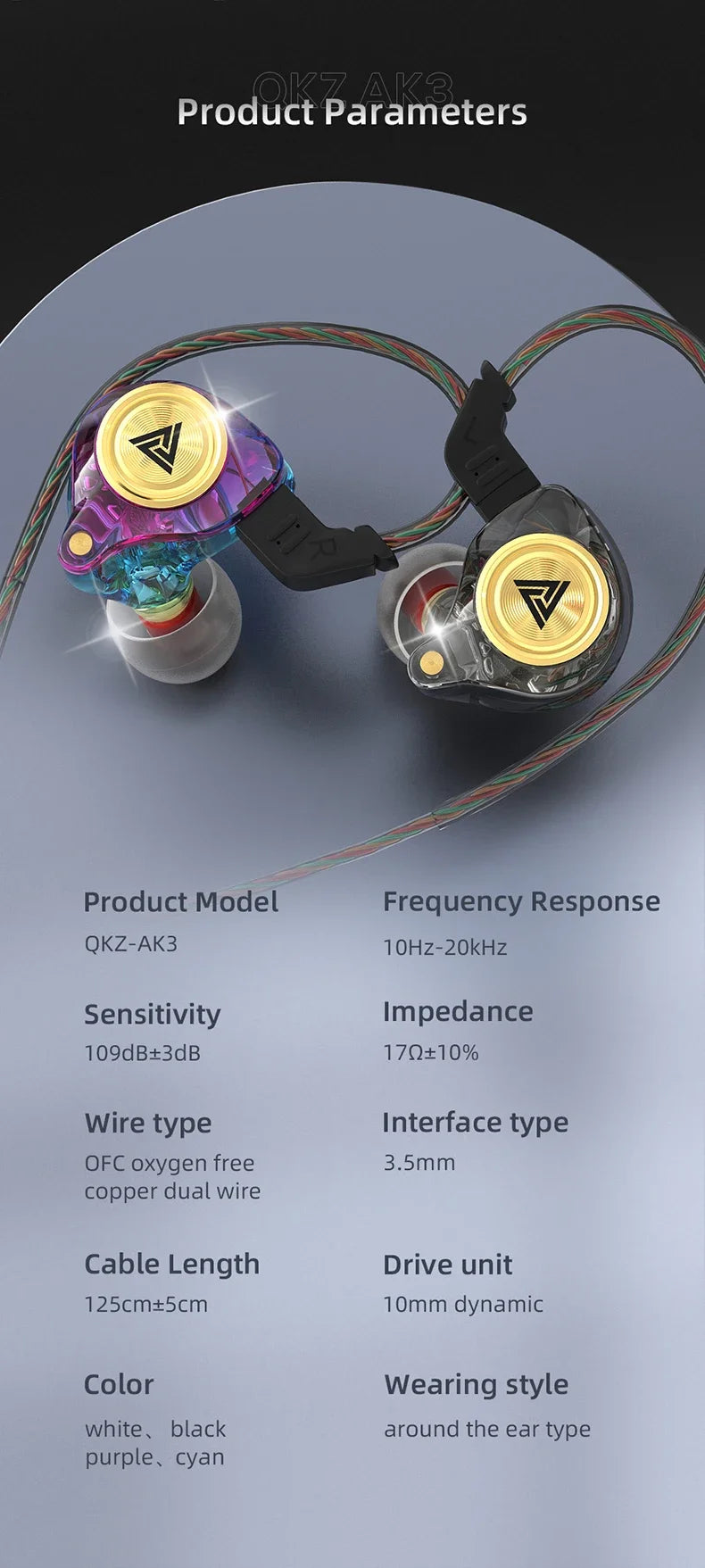 A pair of gold and black wired earphones with a microphone shown against a gray background.