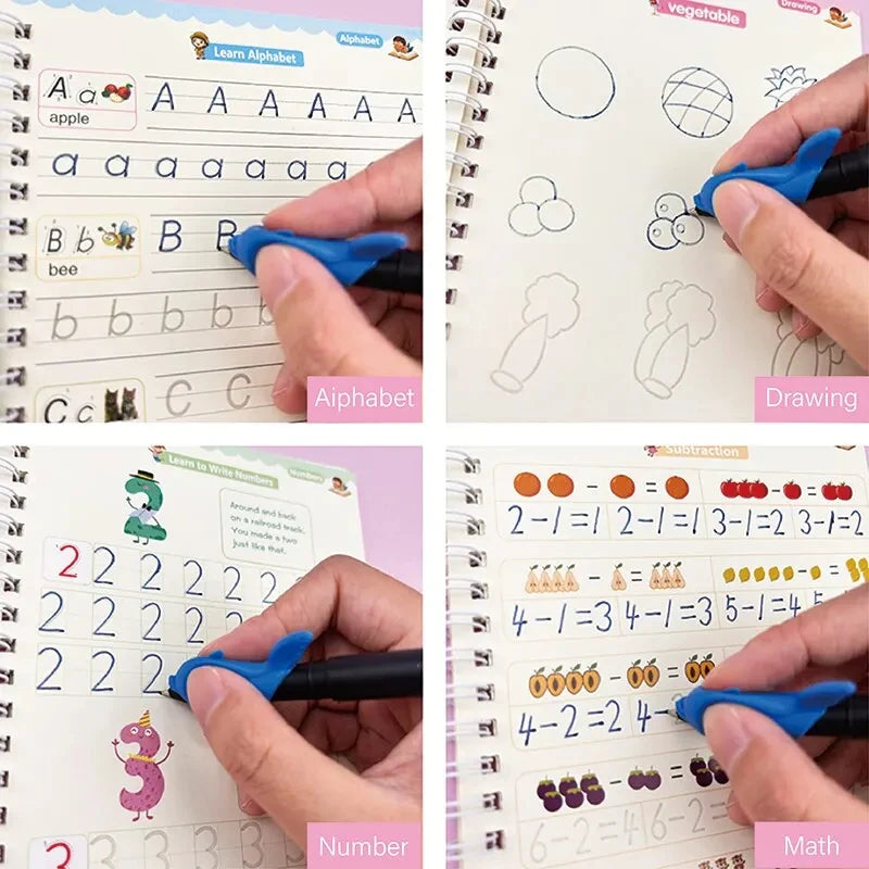 Un set de cuatro cuadernos de práctica para aprender alfabeto, números y dibujo.