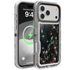 A clear silicone phone case protecting an iPhone, featuring a textured glitter liquid design.