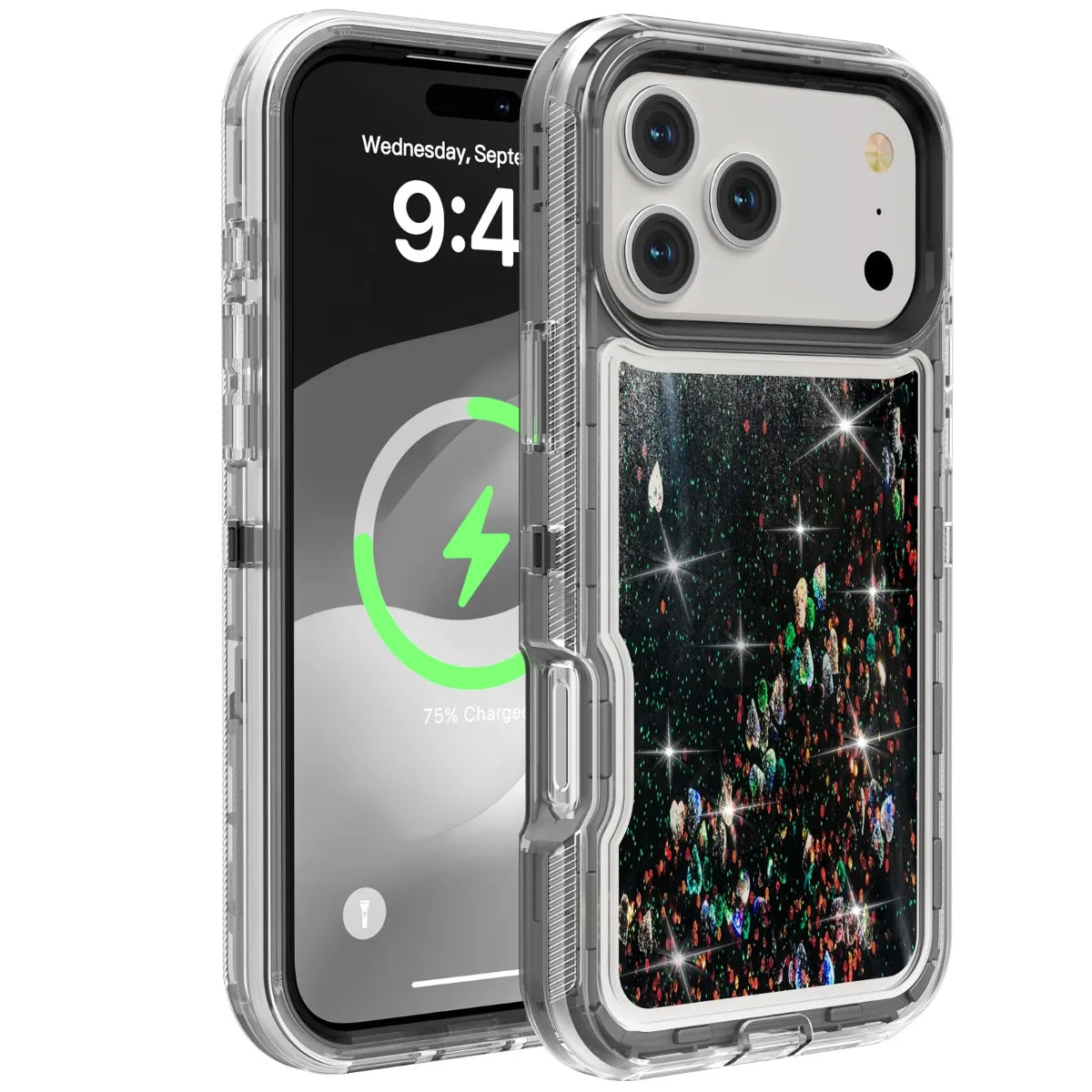 A clear silicone phone case protecting an iPhone, featuring a textured glitter liquid design.