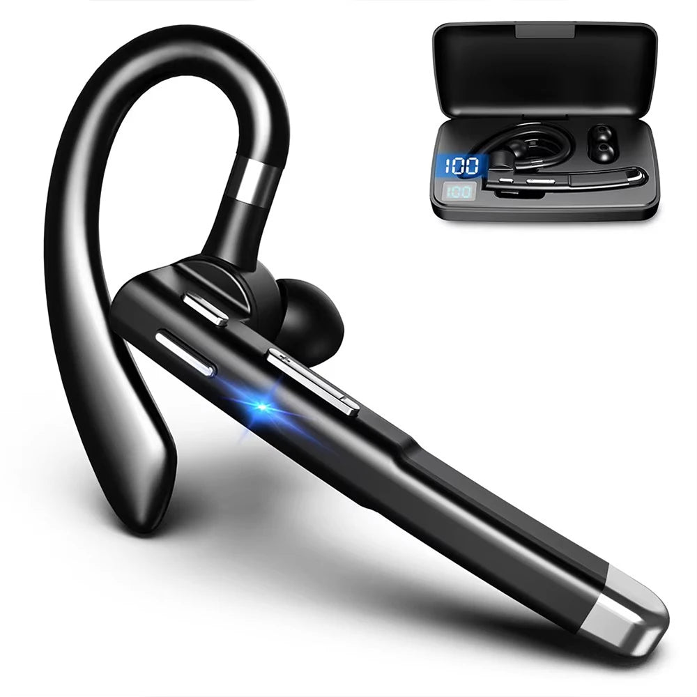 A pair of black wireless Bluetooth earphones with a microphone shown next to their charging case.