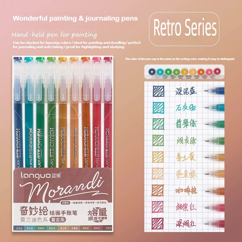A set of Morandi gel pens in various colors displayed next to a grid showing different shades and ink colors.