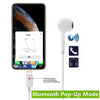 A white Bluetooth earphone and charging cable next to an iPhone screen showing a Bluetooth pop-up mode interface.
