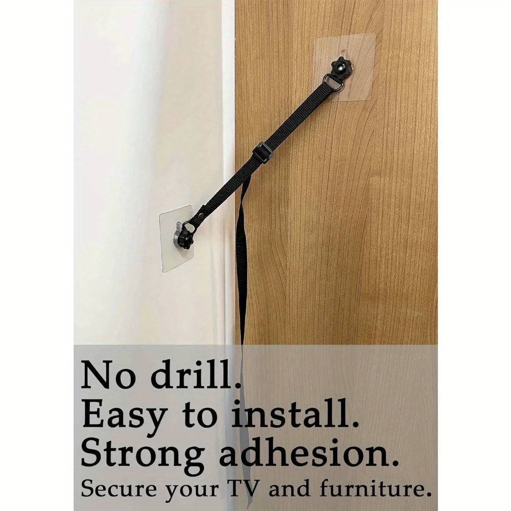 Black adjustable no-drill safety straps used to secure a TV or furniture to a wall.