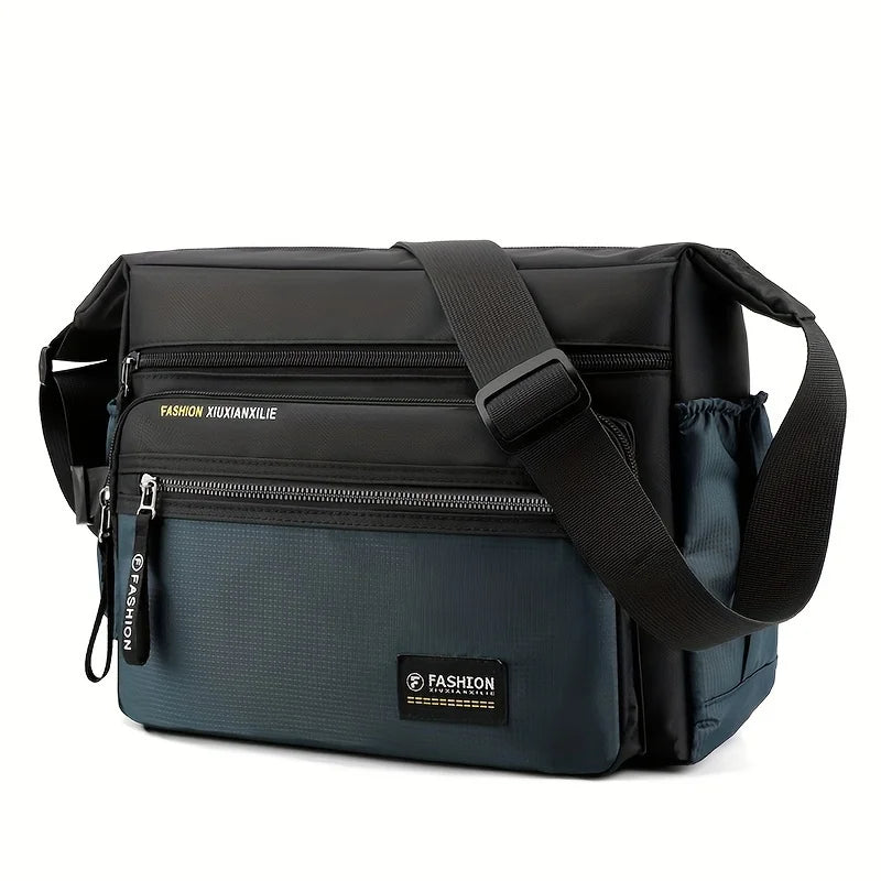 A dark blue women's multifunctional crossbody bag with black trim and strap.