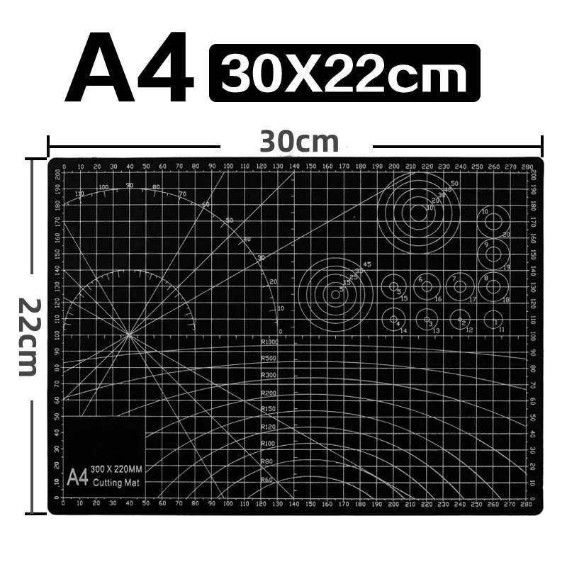 A4 cutting mat with measurement markings and various circular patterns for crafting and sewing