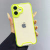 A hand holds a clear phone case with neon yellow accents, featuring a camera module on the back.