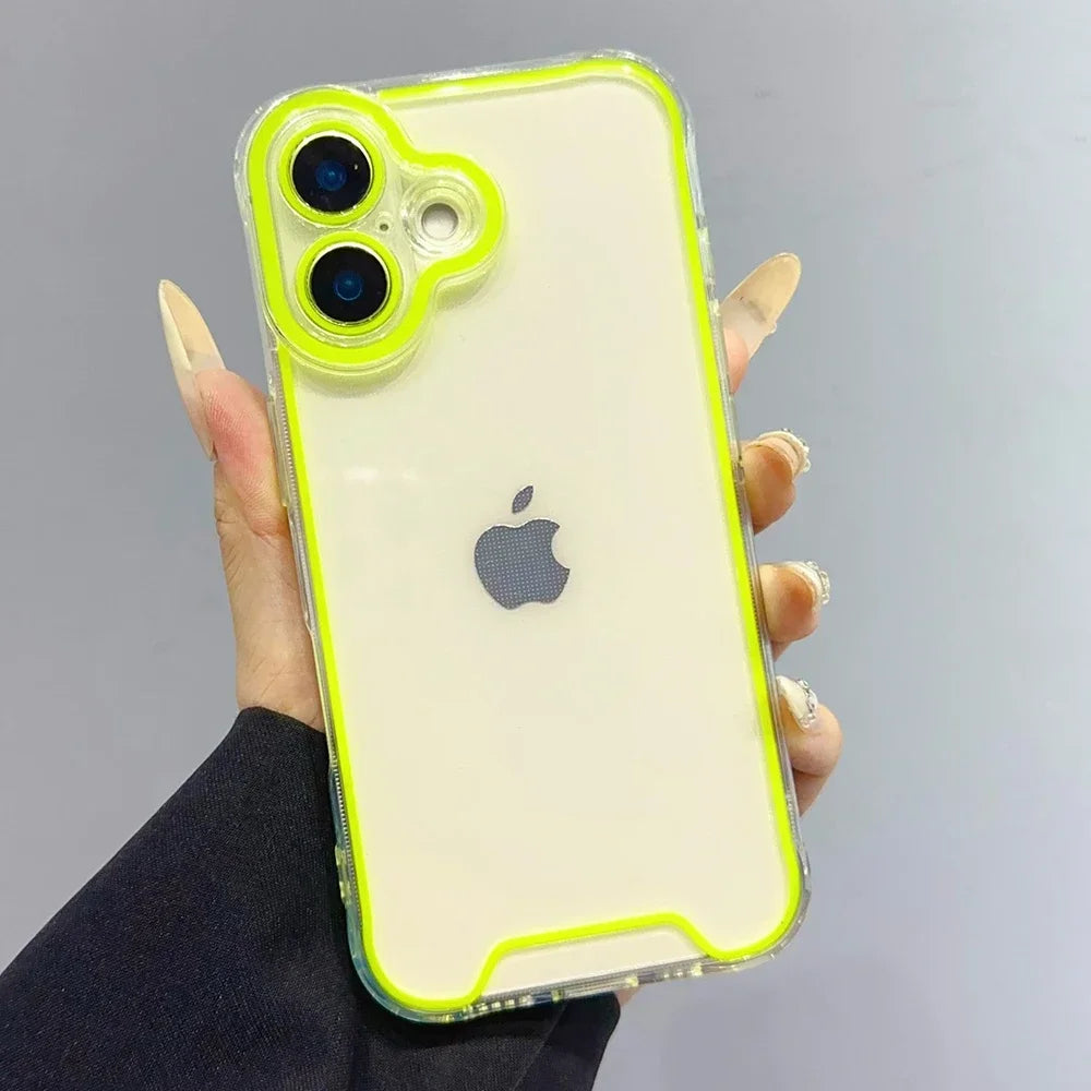 A hand holds a clear phone case with neon yellow accents, featuring a camera module on the back.