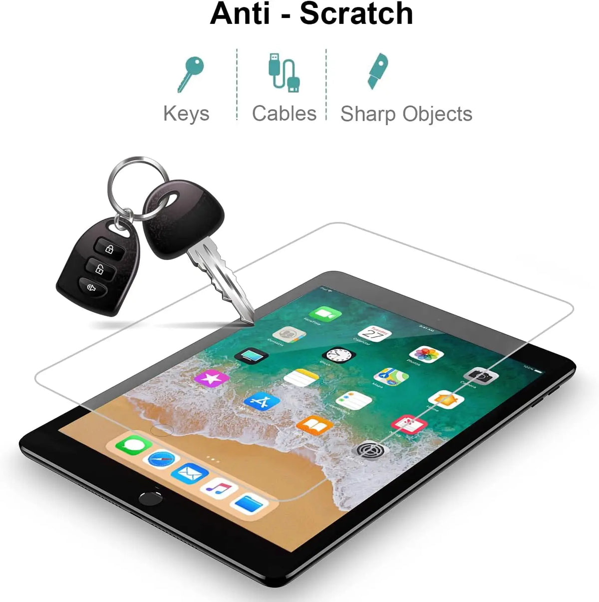 A clear anti-scratch tempered glass screen protector is shown being applied to an iPad screen, with keys, cables, and sharp o