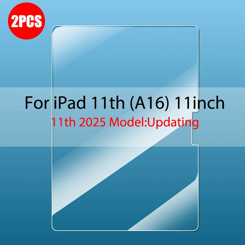 A clear tempered glass screen protector for an iPad 11th generation device.