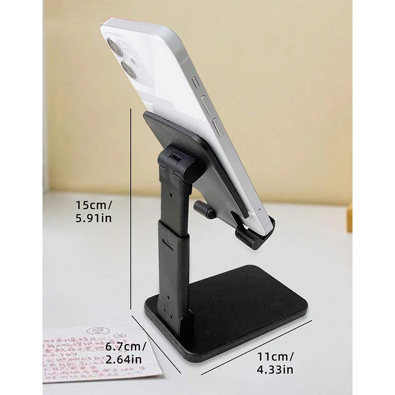 A black adjustable desktop phone stand holding a white smartphone at an angle.