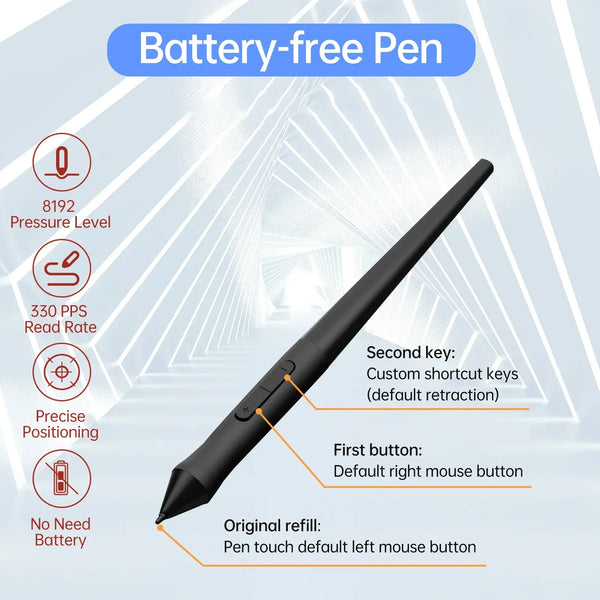 Schwarze, batteriefreie Stift mit Funktionen wie Druckstufe, Lesegeschwindigkeit und Positionierung.