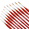 A set of professional miniature paint brushes with ergonomic handles, featuring red shafts and fine tips.