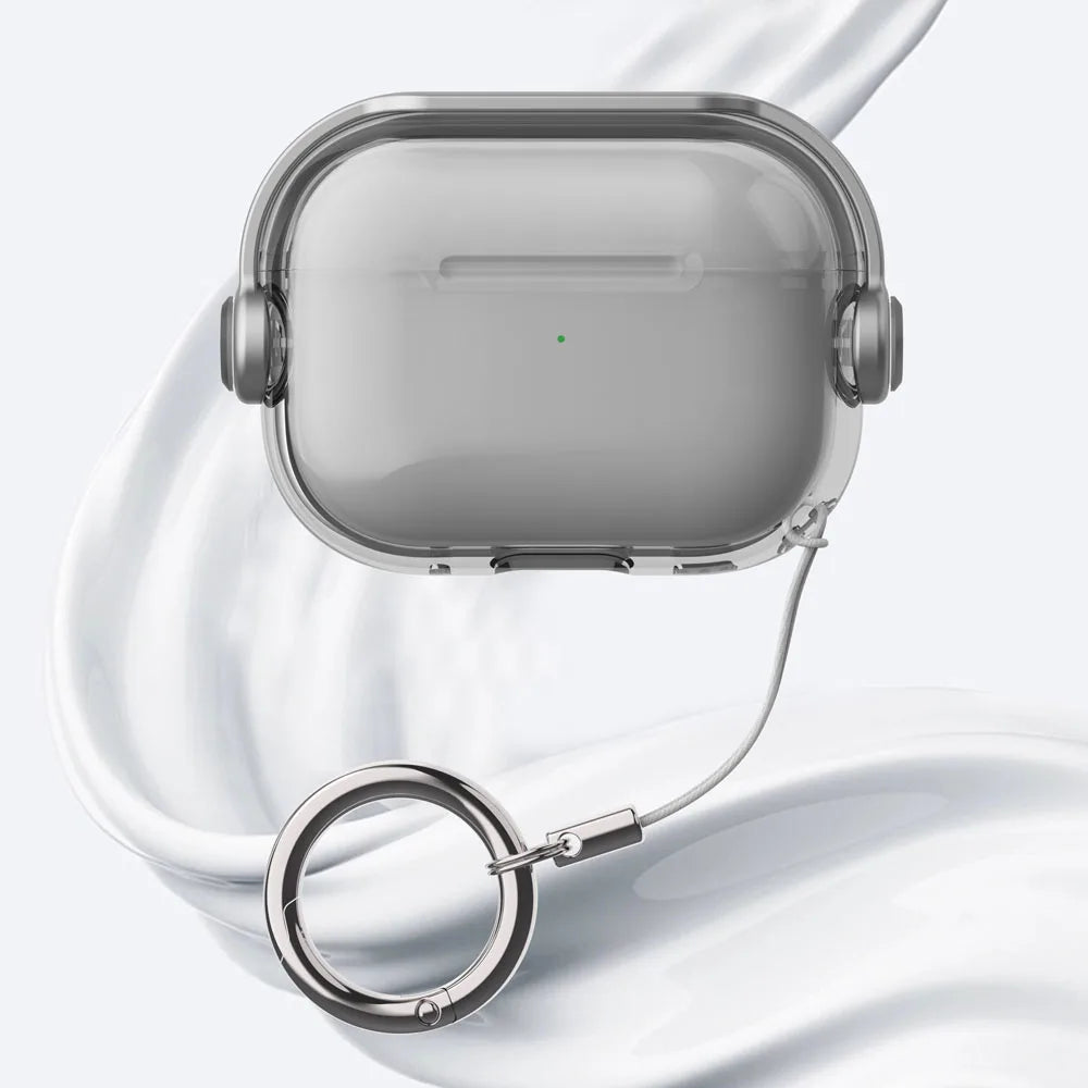 A silver silicone lock case for AirPods is shown resting on a white, curved surface.