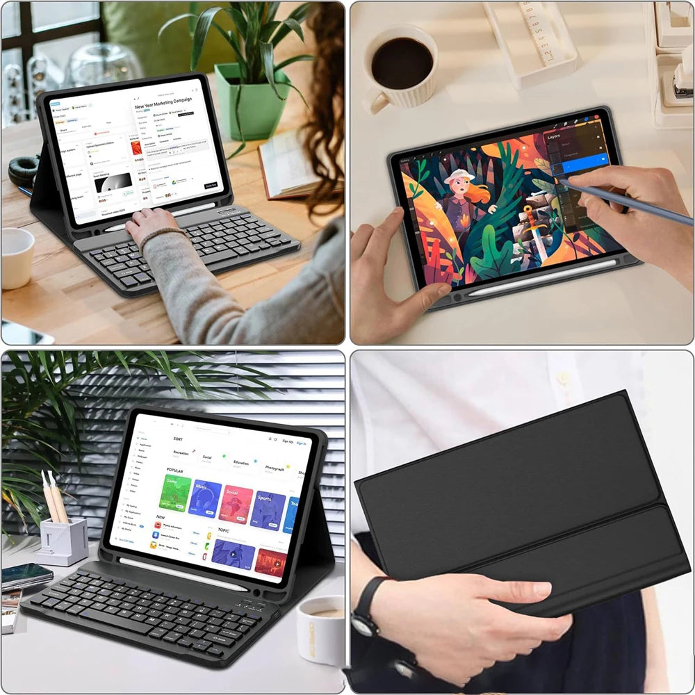 Estuche de teclado desmontable negro para iPad junto a una laptop y una tableta.
