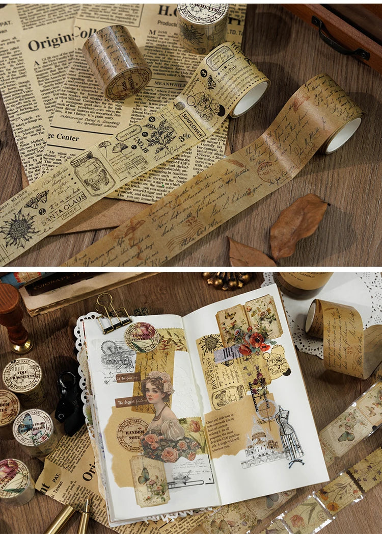 Sammlung von Vintage-Papierband und ausgeschnittenen Papierelementen zum Basteln.