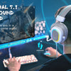 A person wearing a FIFINE RGB gaming headset is playing a game, with a monitor displaying a virtual world.