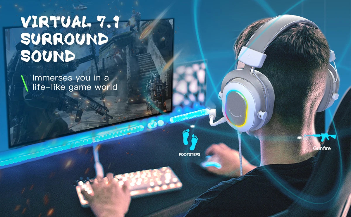 A person wearing a FIFINE RGB gaming headset is playing a game, with a monitor displaying a virtual world.