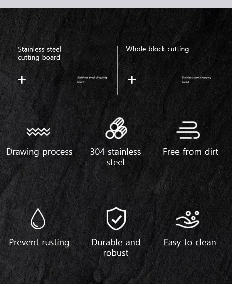 A set of three stainless steel cutting boards featuring drawing process, 304 stainless steel, and durability.