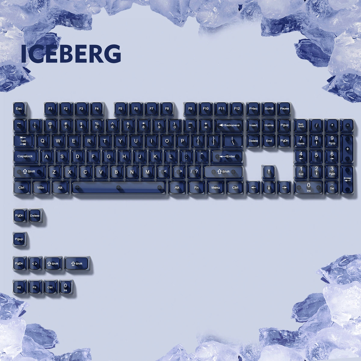 A close-up view of a mechanical keyboard featuring light blue and white keycaps, set against a background of icebergs.