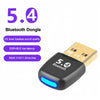 Adaptador Bluetooth negro con luz azul, etiquetado 5.4, para transferencia de audio y datos.