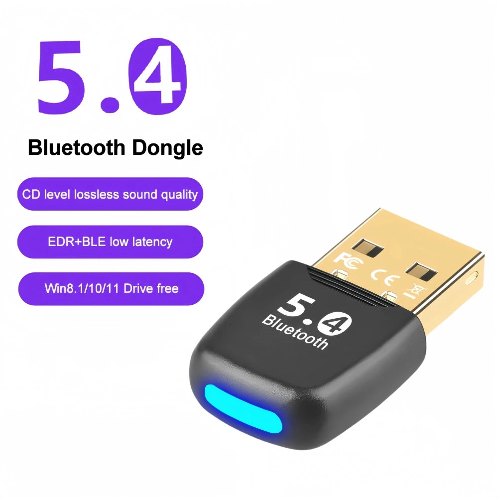 Adaptador Bluetooth negro con luz azul, etiquetado 5.4, para transferencia de audio y datos.