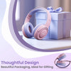 Pink wired headphones packaged in a blue gift box with a bow