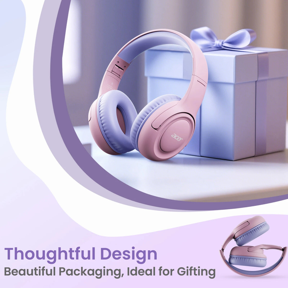 Pink wired headphones packaged in a blue gift box with a bow