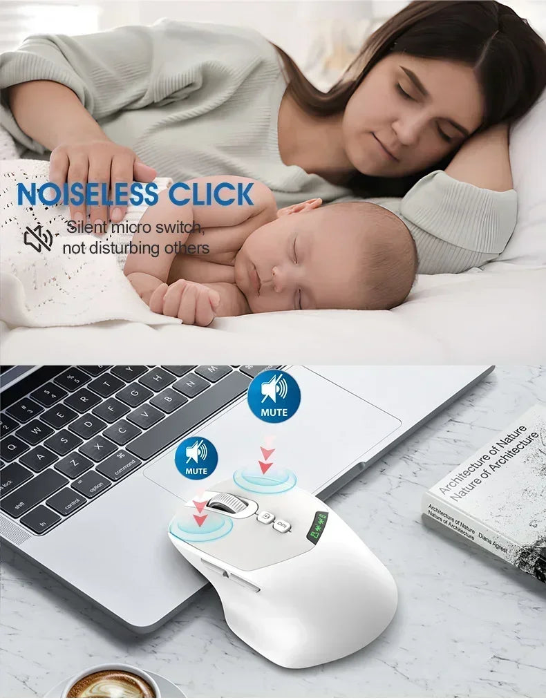 A white wireless mouse is shown next to a laptop, demonstrating its silent click feature.
