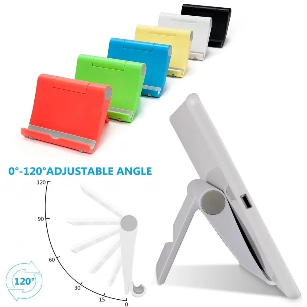 A collection of colorful flexible multi-angle tablet and phone desk stands demonstrating various adjustable angles.