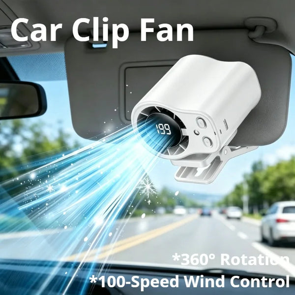 A white car clip fan is shown blowing a strong stream of air, demonstrating 360° rotation and 100-speed wind control.