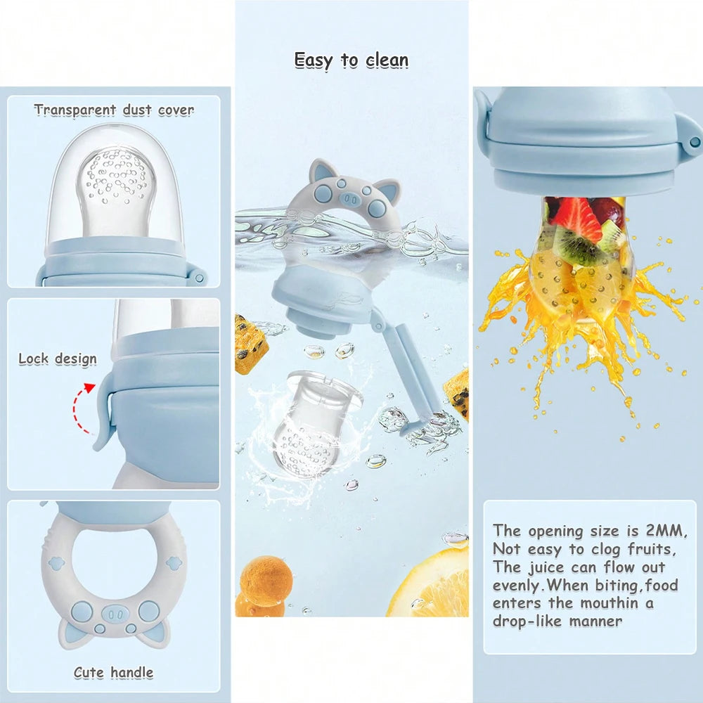 A silicone fruit and vegetable feeder set with a transparent dust cover, lock design, and cute handle.