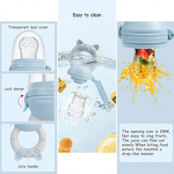 A silicone fruit and vegetable feeder set with a transparent dust cover, lock design, and cute handle.