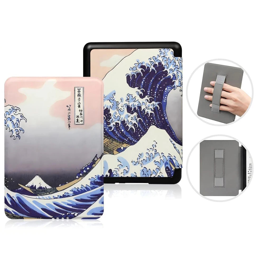 A pink and blue patterned leather case for a Kindle Paperwhite, shown with various angles.
