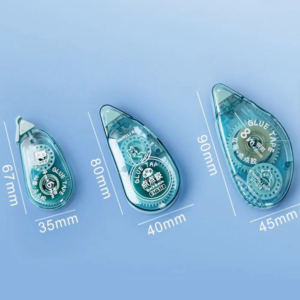 Three views of a clear blue double-sided adhesive tape product showing different angles and sizes.