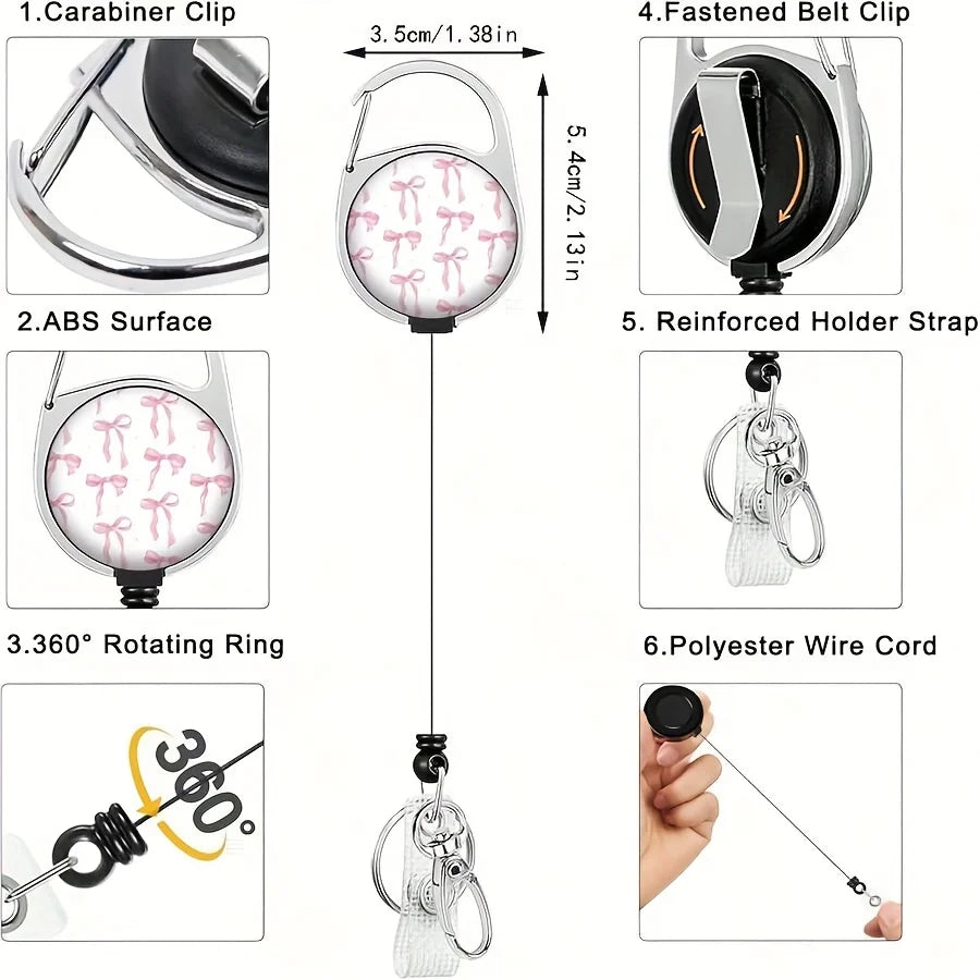 A set of detachable lanyard ID badge holders featuring a carabiner clip, ABS surface, rotating ring, fastened belt clip, rein