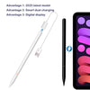 A white precision stylus pen with a charging cable and a black pen shown next to an iPhone screen.