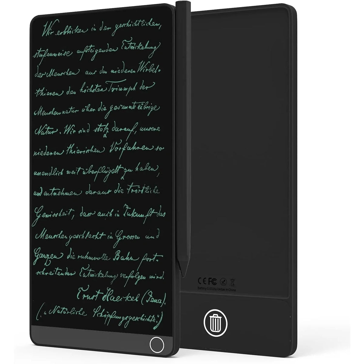 A black 6.5-inch full screen LCD writing tablet displaying handwritten text on its surface.
