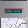 A close-up view of a precision triangular drafting ruler with clear scale markings on a technical drawing background.