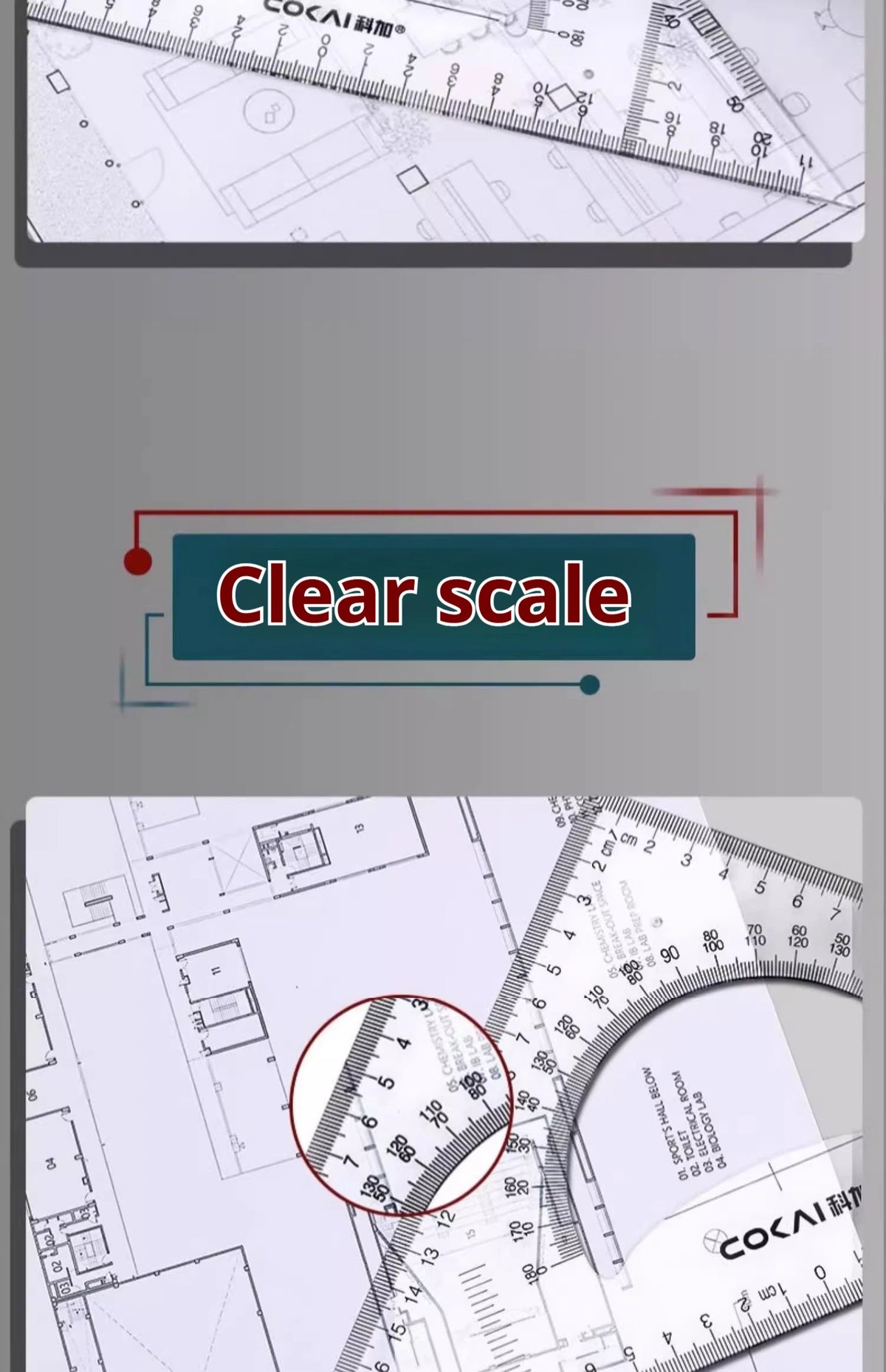 A close-up view of a precision triangular drafting ruler with clear scale markings on a technical drawing background.