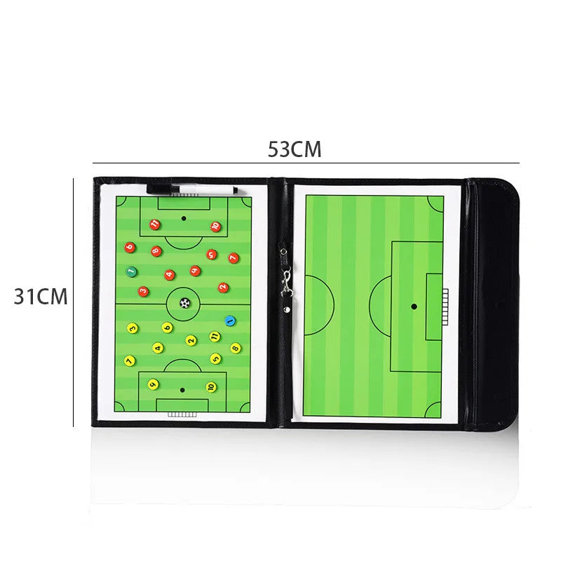 A foldable magnetic soccer coaching board with a green field and markers, shown open.